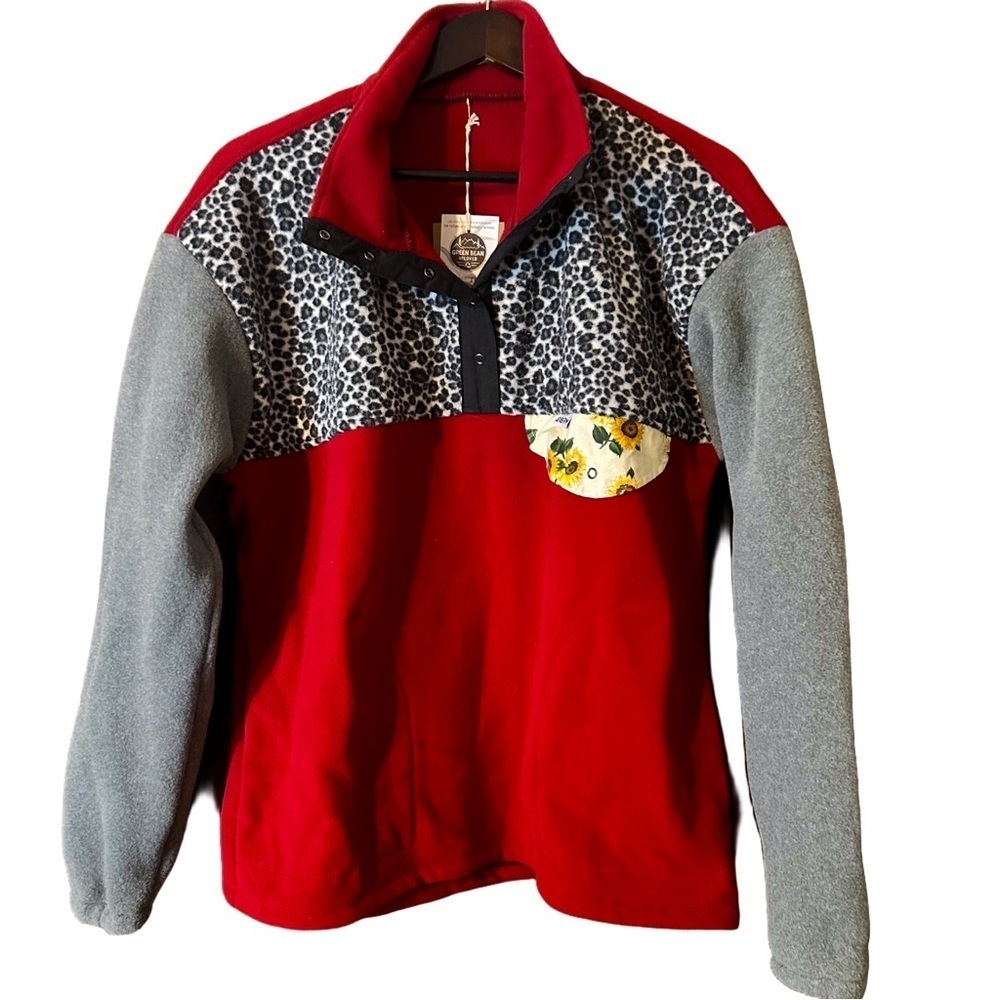 Green Bean Reloved Handmade Recycled Materials Leopard Fleece Pullover Sz XL